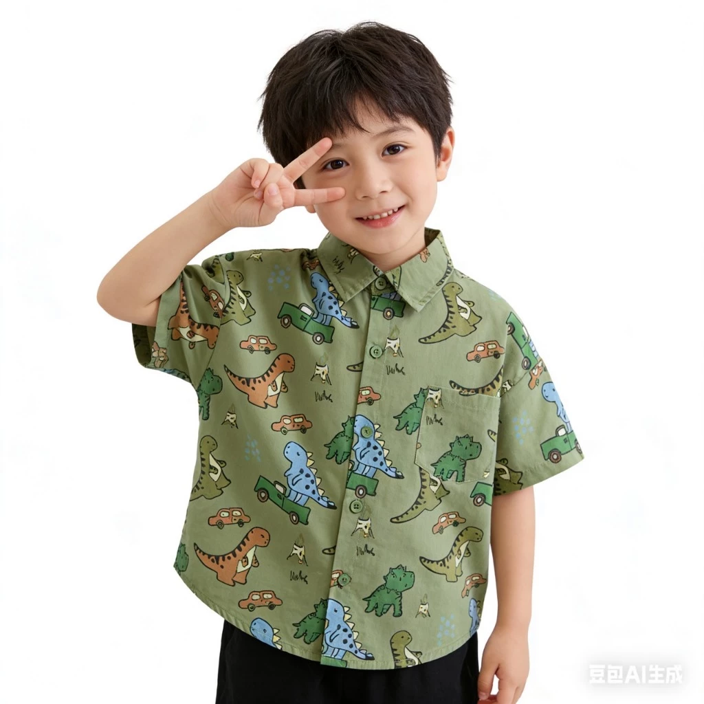 BB219 เสื้อเชิ้ตเด็กผู้ชาย ลายไดโนเสาร์ เสื้อแขนสั้นเด็ก ใส่สบาย ผ้าคอตตอนนิ่ม แฟชั่นเด็ก 2-10 ปี