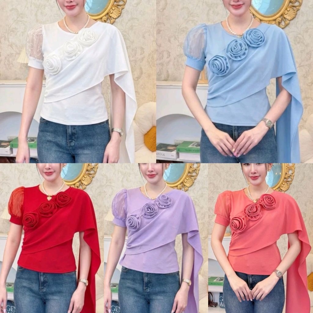*อกเสื้อ 32-36/ 38-42 นิ้ว* รุ่นกุหลาบ 3 ดอก เสื้อยืดแต่งสไบ แขนผ้าแก้ว