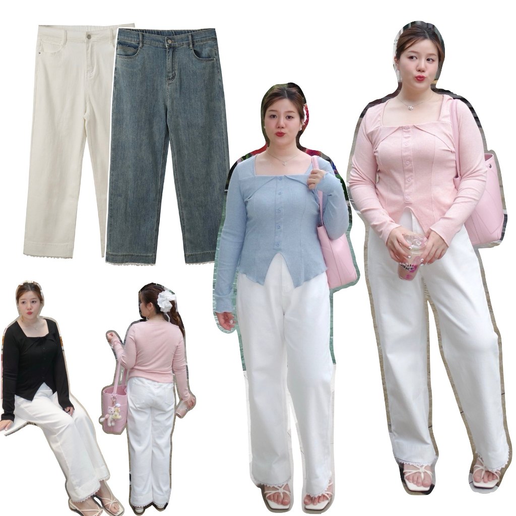 (❤️เอวสูงถึง 42") Lace Hem Jeans กางเกงยีนส์สาวอวบ