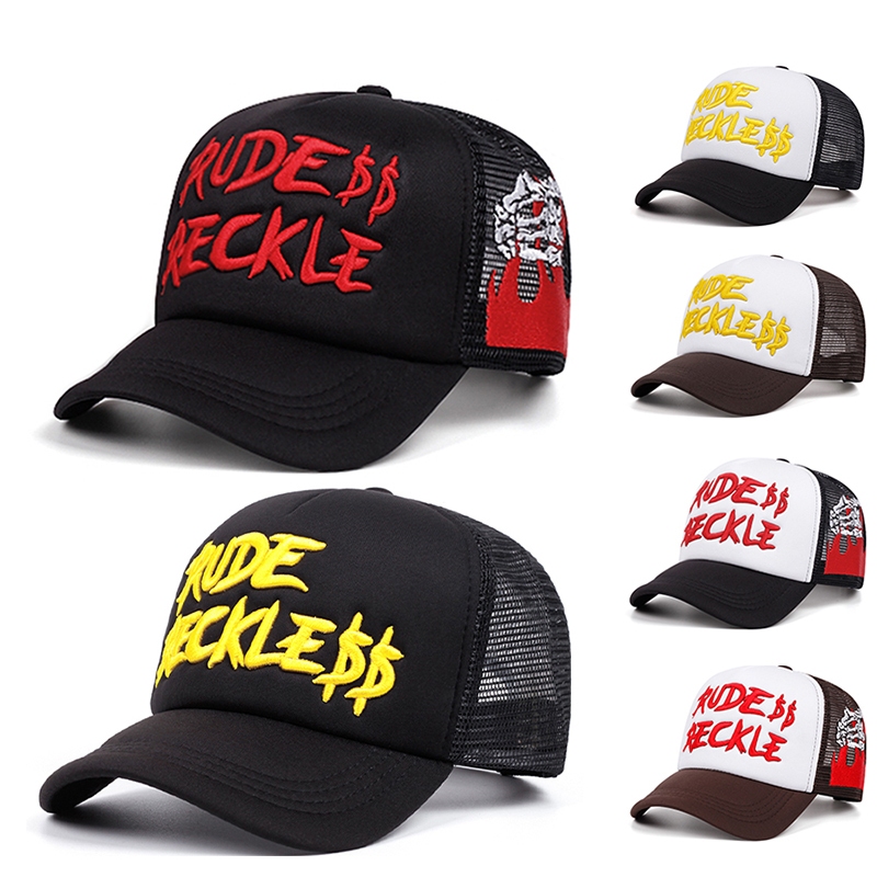 หมวก หมวกเบสบอล การออกแบบตาข่ายระบายอากาศ trucker cap ปักลายตัวอักษร แหลมโค้ง สําหรับผู้หญิง และผู้ชาย หมวกทรักเกอร์