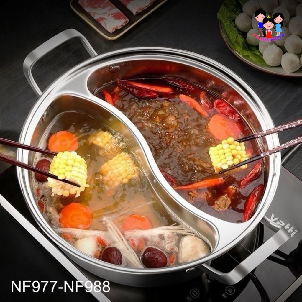 familytoys168 หม้อชาบูสแตนเลส มี 2 ช่อง ขนาด34 ซม. พร้อมฝากระจก แบบหนาไม่มีรอยเชื่อม NF977/978
