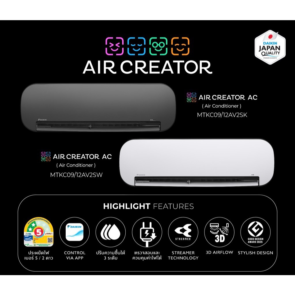 AIR CREATOR แอร์ติดผนัง DAIKIN ระบบInverter ขนาด 9,200-12,300BTU พร้อมเครื่องฟอกอากาศDAIKIN Aroma Diffusing Air Purifier