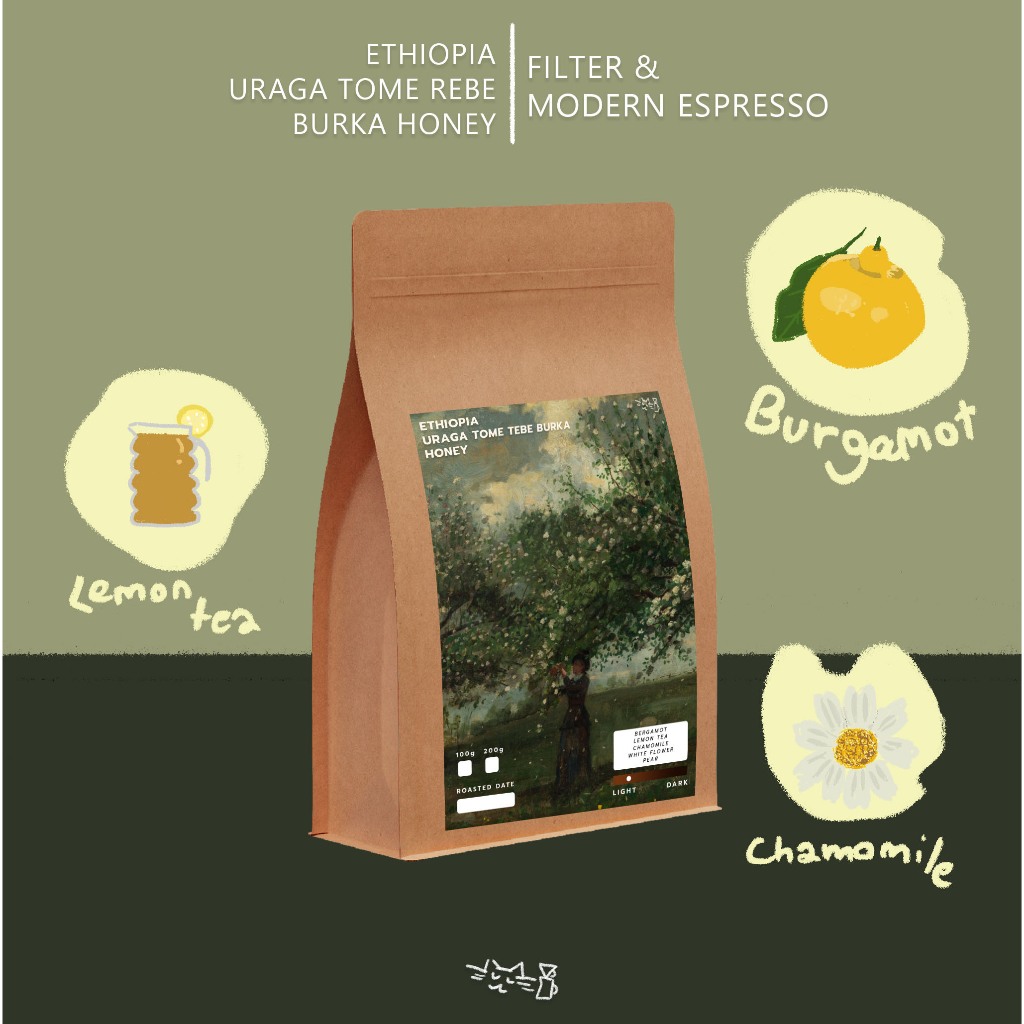 เมล็ดกาแฟคั่วอ่อน Ethiopia Guji Uraga Tome Tebe Burka Honey 100g และ 200g Filter & Modern Espresso