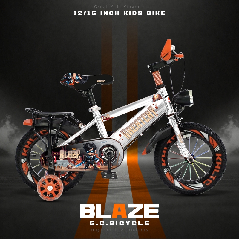Greatchy จักรยานเด็กผู้ชาย รุ่น Blaze ขนาด 12/16 นิ้ว ล้อยางเติมลม ไฟหน้า ตะแกรงซ้อนท้ายซี่ลวดสี ล้อเสริมมีไฟ