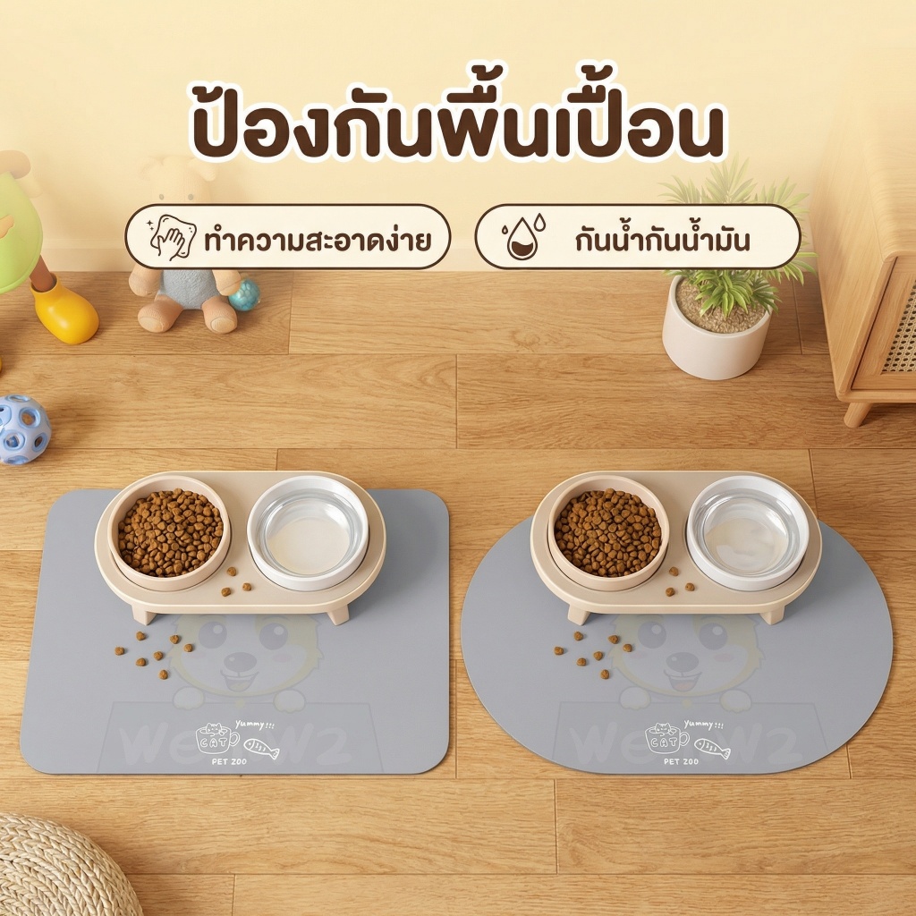 wen.W2 แผ่นรองจานอาหารสัตว์เลี้ยง มีที่กันลื่น ที่รองจานอาหารแมว สุนัข
