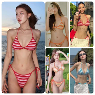 Hot.bikini🌺🌺ชุดว่ายน้ำเซ็กซี่ ชุดว่ายน้ำแฟชั่น ชุดว่ายน้ำเกาหลี 2 ชิ้น ผูกคอ สไตล์เซ็กซี่ 🧡💛ผูกเชือก เว้าหลัง ว่ายน้ำ