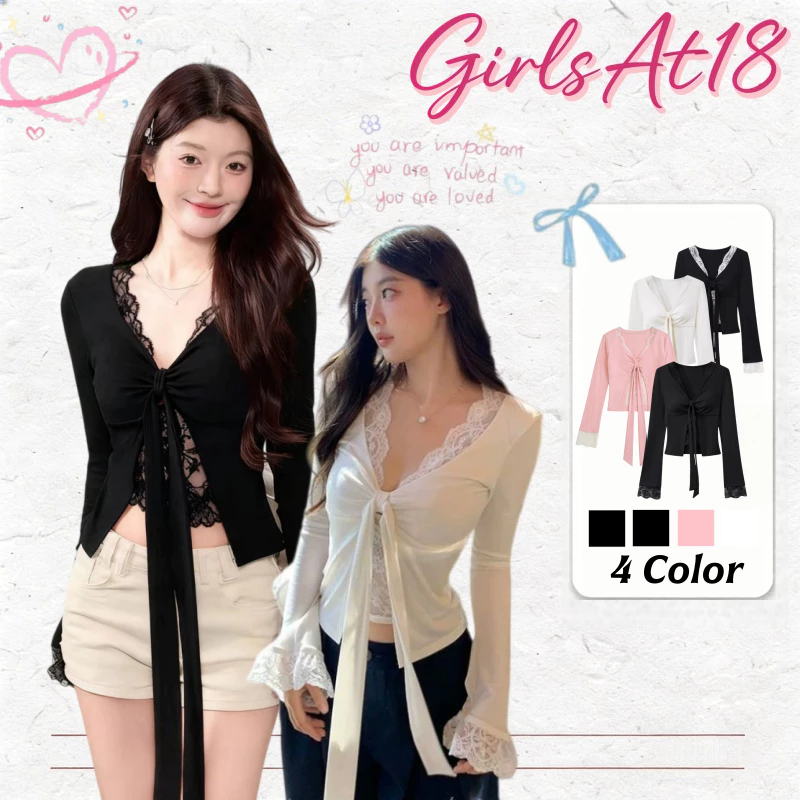 GirlsAt18 พร้อมส่ง🍒เสื้อลูกไม้สองชั้นติดกันคอวี ทรงเข้ารูป มีเชื่อกผูกโปว์ได้ เเซ็กซี่แฟชั่นเสื้อยืด หรูเริ่ด แขนยาว