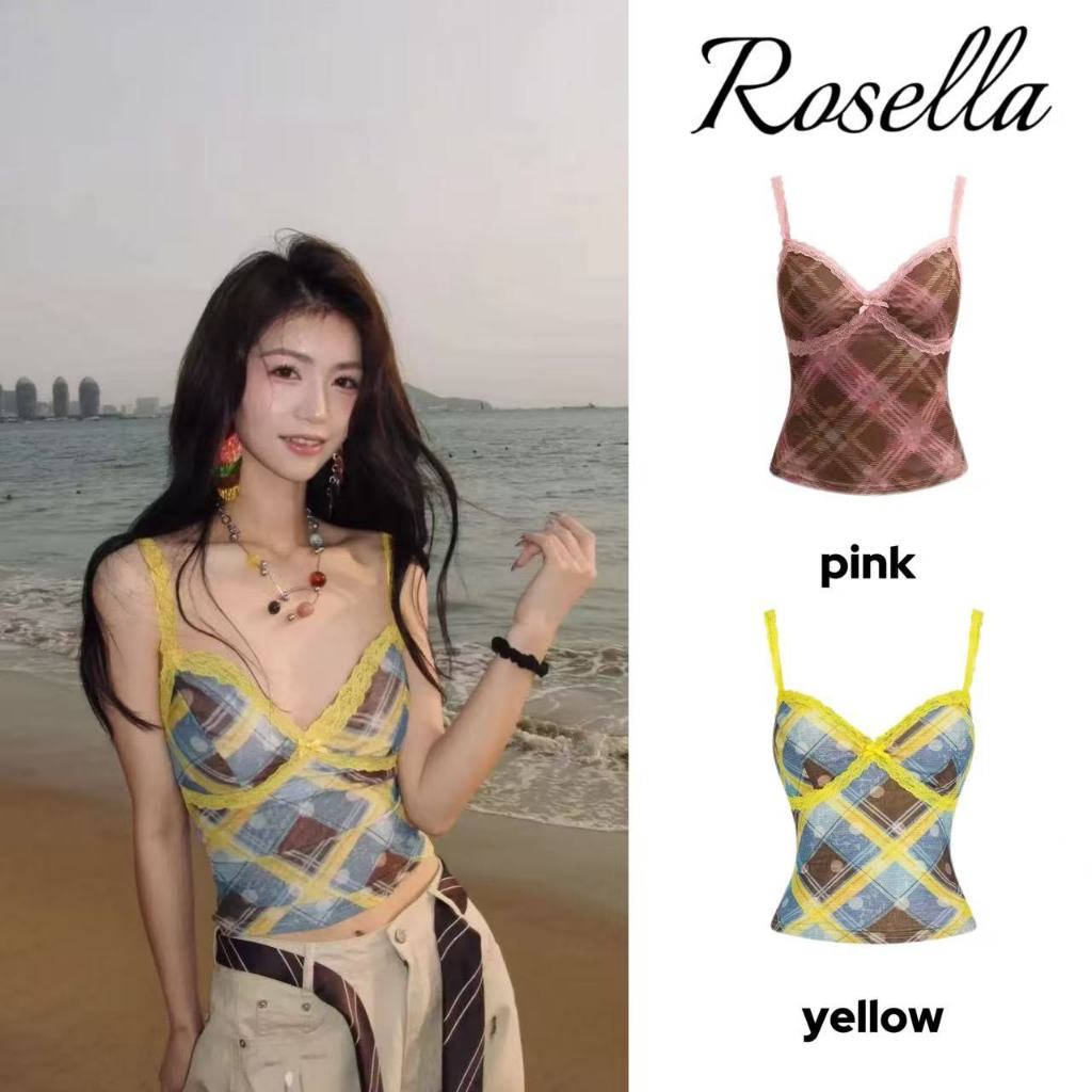 Rosella【สินค้าใหม่👗】เสื้อสายเดี่ยวลูกไม้ลายสก็อตสีสันสดใสสไตล์เรโทร เสื้อรัดรูปเซ็กซี่สำหรับไปทะเล