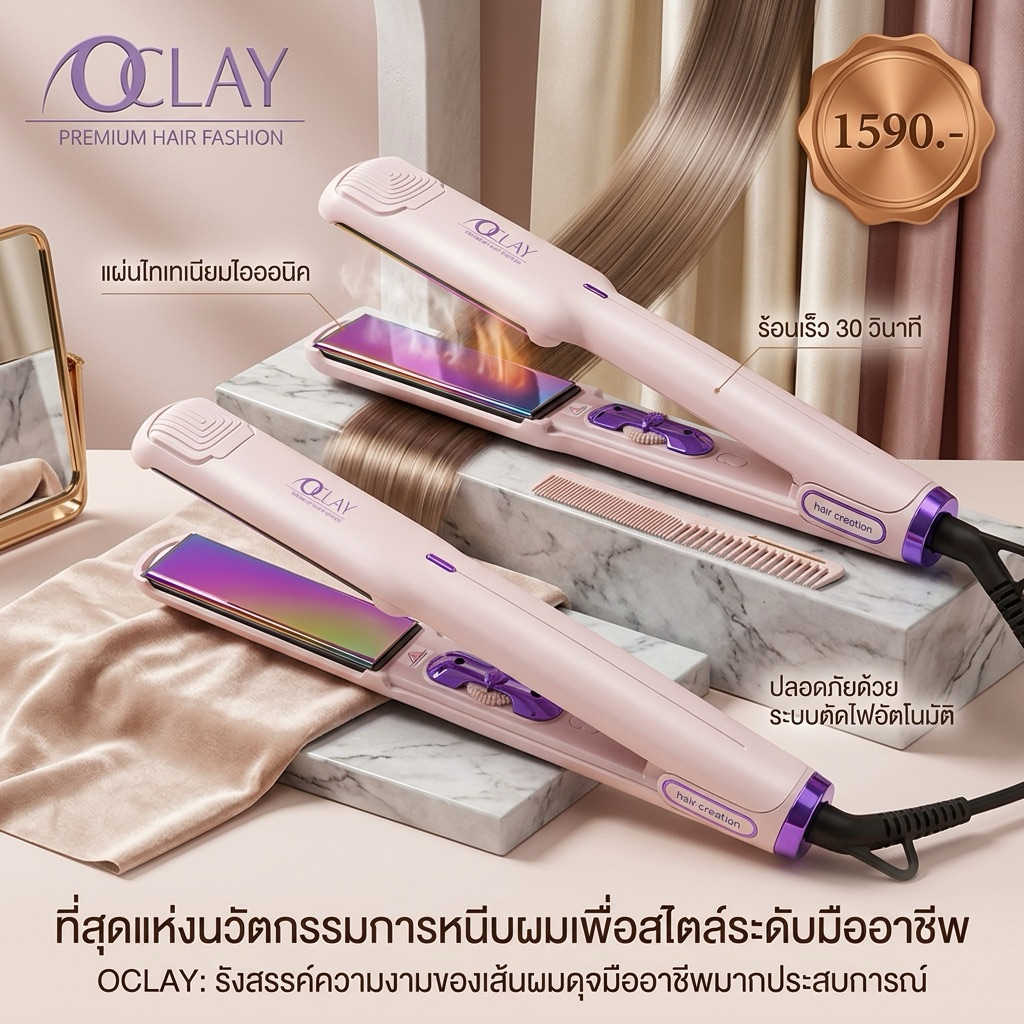 ตัวหนีบ oclay ไทเทเนี่ยมจัดทรงผม หนีบยืดถาวร-หนีบเคราติน ไม่กระชากเส้นผม ผมเงาสวย