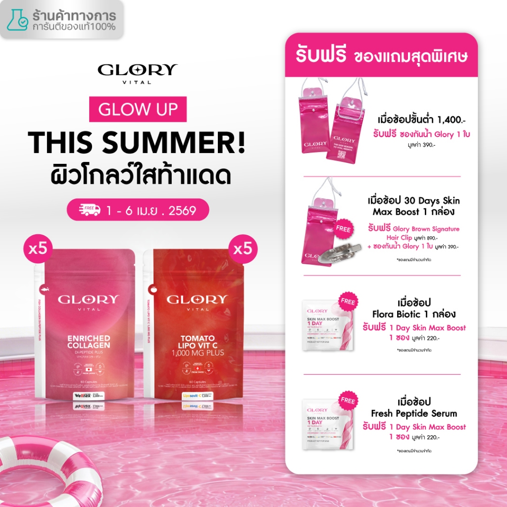 Glory Duo Set Enriched Collagen กลอรี่ คอลลาเจน + Tomato Lipo VitC วิตามินซีมะเขือเทศเข้มข้น รวม 10 
