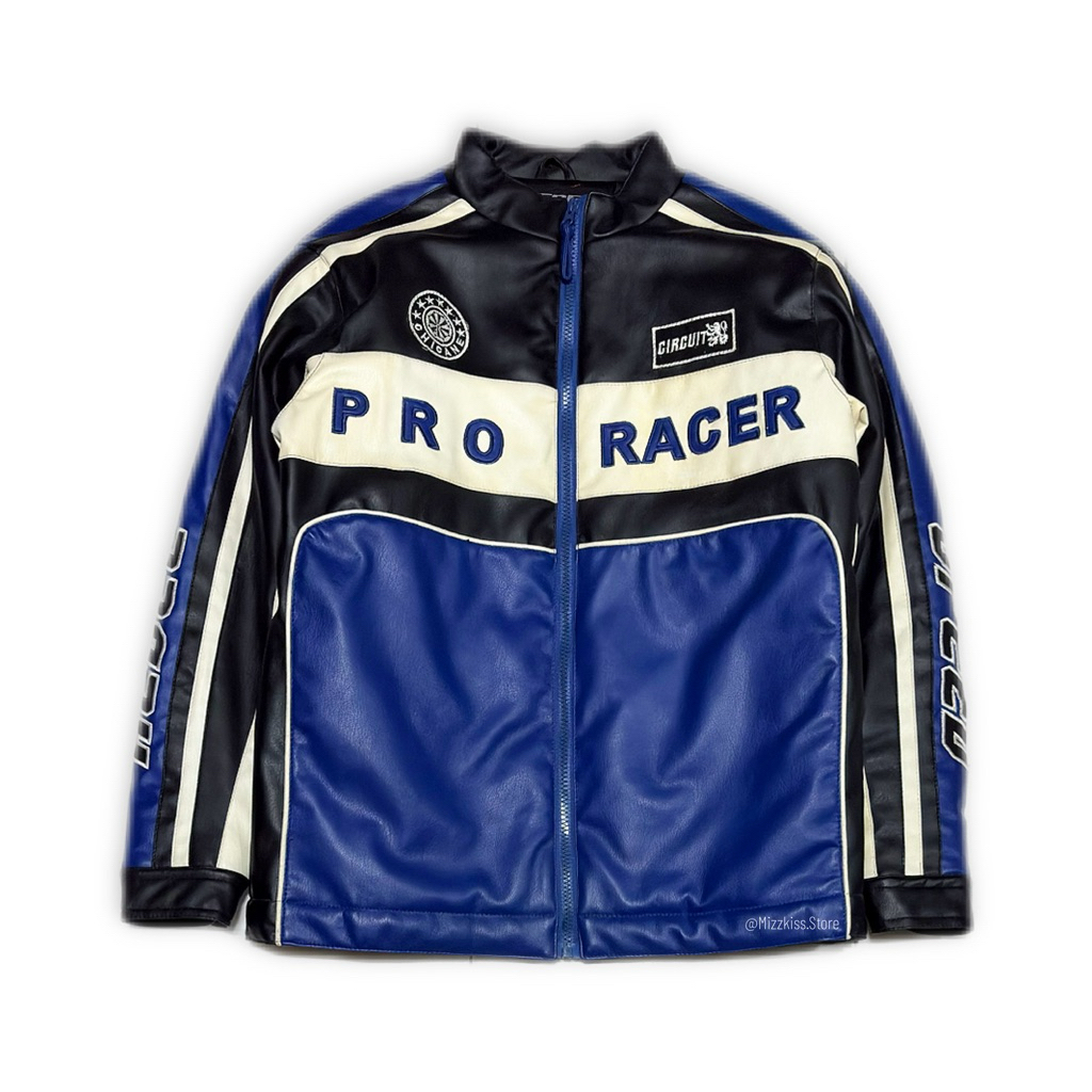 เสื้อแจ็คเก็ตหนัง Racing Jacket ลาย Pro Racer / Motor Bike สีน้ำเงิน-ดำ แนวสตรีทวินเทจ 90s