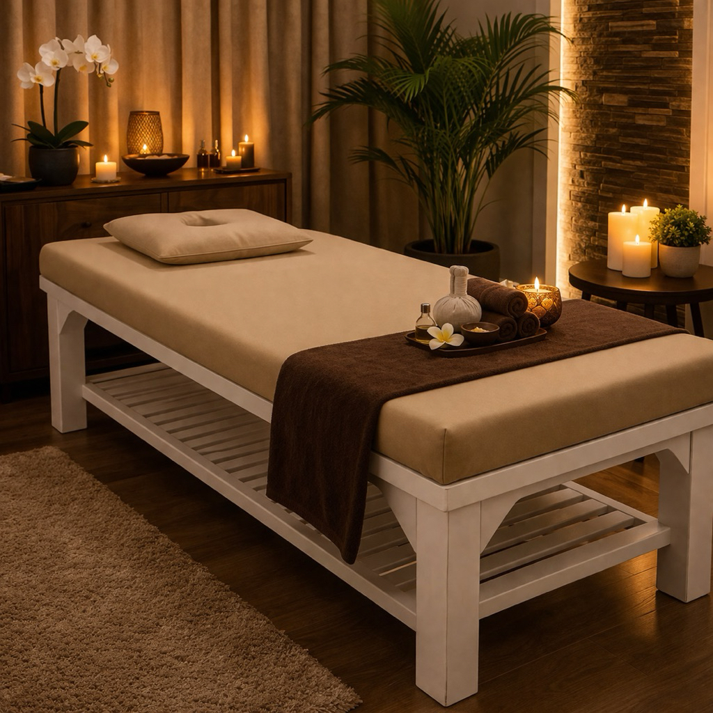 ผ้าปูเตียงสปาSPA(เจาะรู) ผ้าปูเตียงนวดอโรม่า ผ้าปูเตียงนวดน้ำมัน  แบบรัดมุม