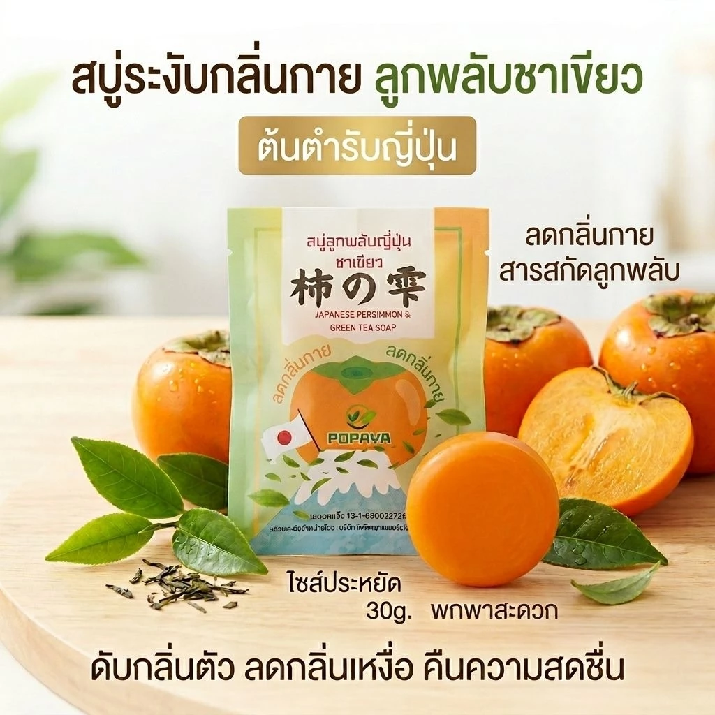 สบู่ดับกลิ่นแก่ ลูกพลับญี่ปุ่น ผสม ชาเขียว น้ำหนัก30ml.