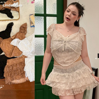 LindaaPlus-- ชุดเซ็ตลูกไม้ 2 ชิ้น ✨ สาวอวบอ้วนใส่ได้ เสื้อคอ…