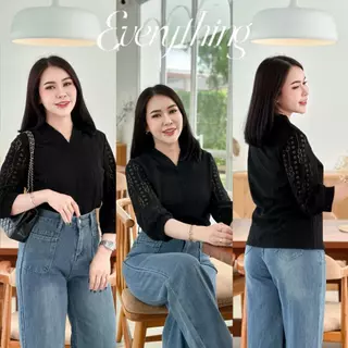 Everything2019 - เสื้อผู้หญิงคอวี ผ้าฉลุ แขน5ส่วน มีซับใน ใส่ไปวัดทำบุญสวยมาก (2012-1)