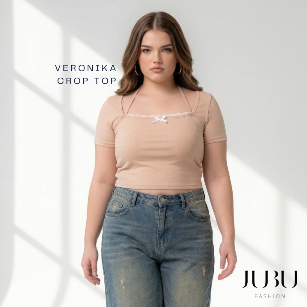 Veronica Crop Top เสื้อครอปคอเหลี่ยม คล้องคอ แต่งลูกไม้น่ารักๆ ผ้าร่อง สาวอวบ อก35-46นิ้ว #571