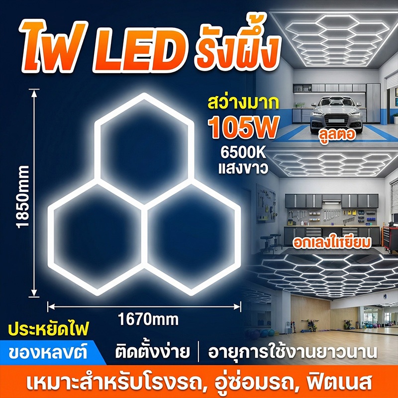 🚗โปรโมชั่น! ไฟรังผึ้ง LED 3/6 หลุม กันน้ำ ต่อไม่มีรอยต่อ ความสว่างสูง ใช้ได้ทั้งโรงรถ ล้างรถ เพดาน ประหยัดไฟ จัดส่งฟรี
