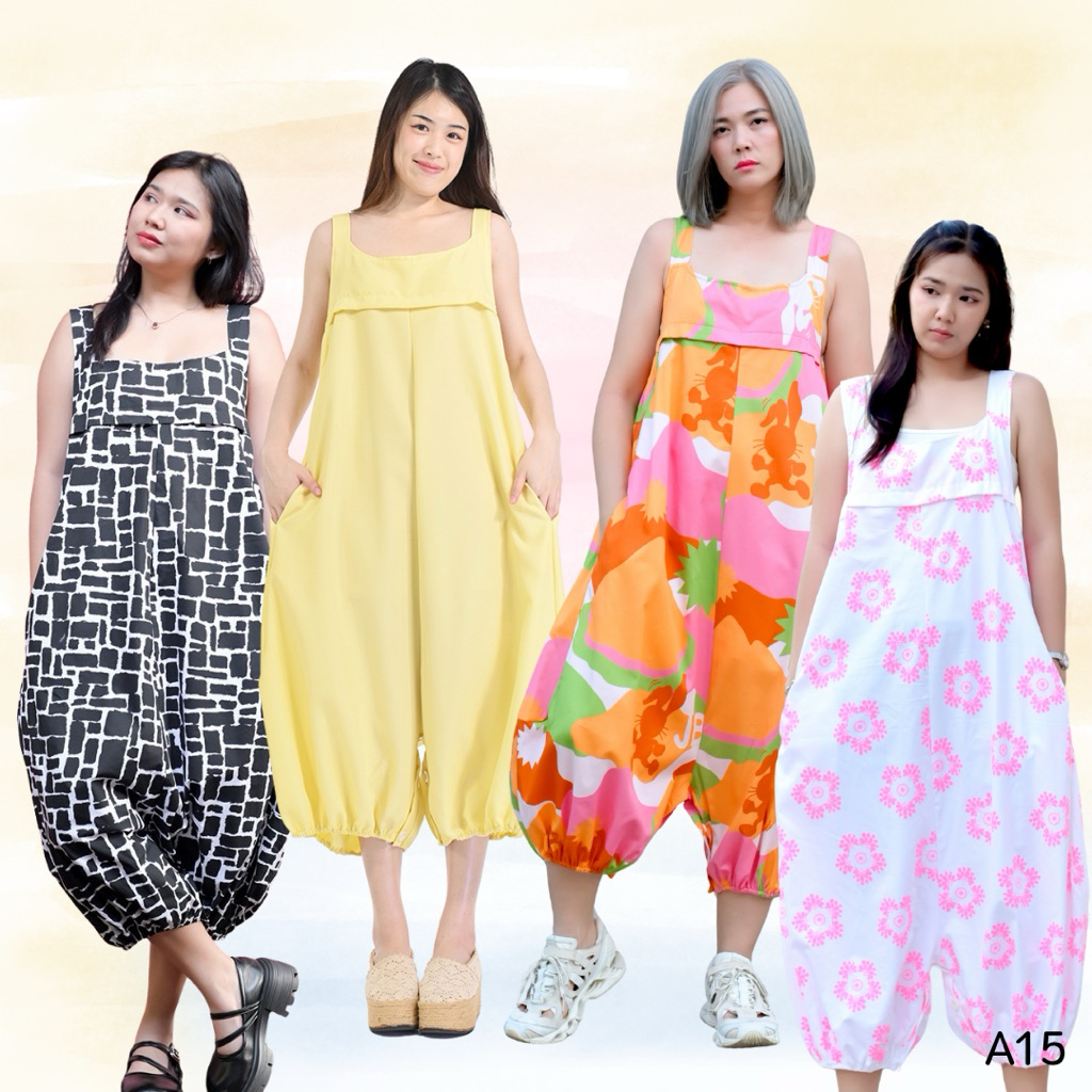 Dress A015 ชุดเดรส ขาจั๊ม 5ส่วน สายเดี่ยว กระเป๋าข้างกระดุมขาทรงบอลลูนฟรีไซด์สไตล์มินิมอลญี่ปุ่น
