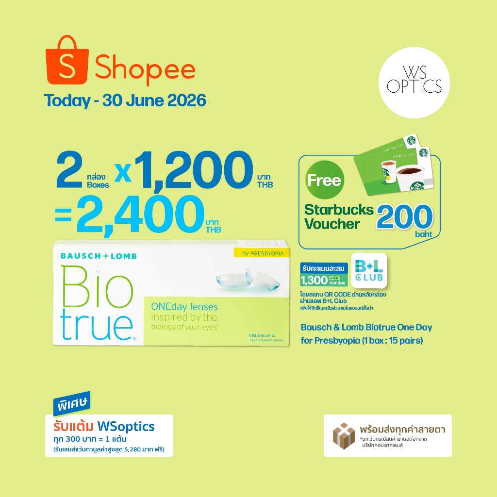 Bausch & Lomb : Biotrue ONEday for Presbyopia คอนแทคเลนส์สายตายาวตามวัย (1 Box :15 Pairs)