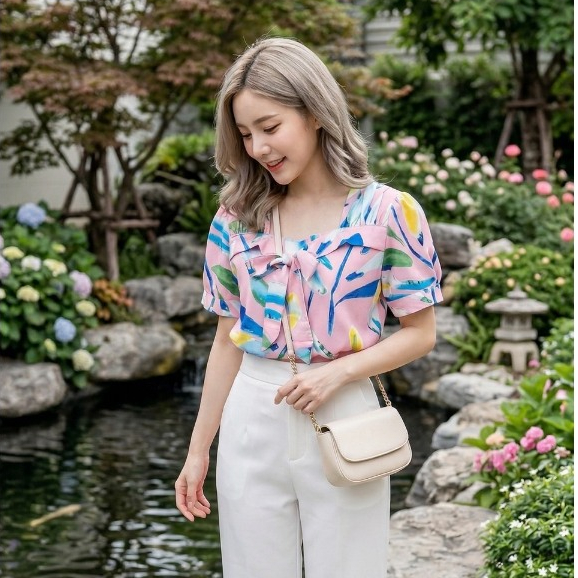 🇹🇭 เสื้อลายกราฟฟิกผูกโบว์อก ฮันบก แขนตุ๊กตา 🔴ส่งไว🔴⚡ 👉เก็บโค้ดหน้ากิจกรรม โค้ดลด 30% สูงสุด 150.-