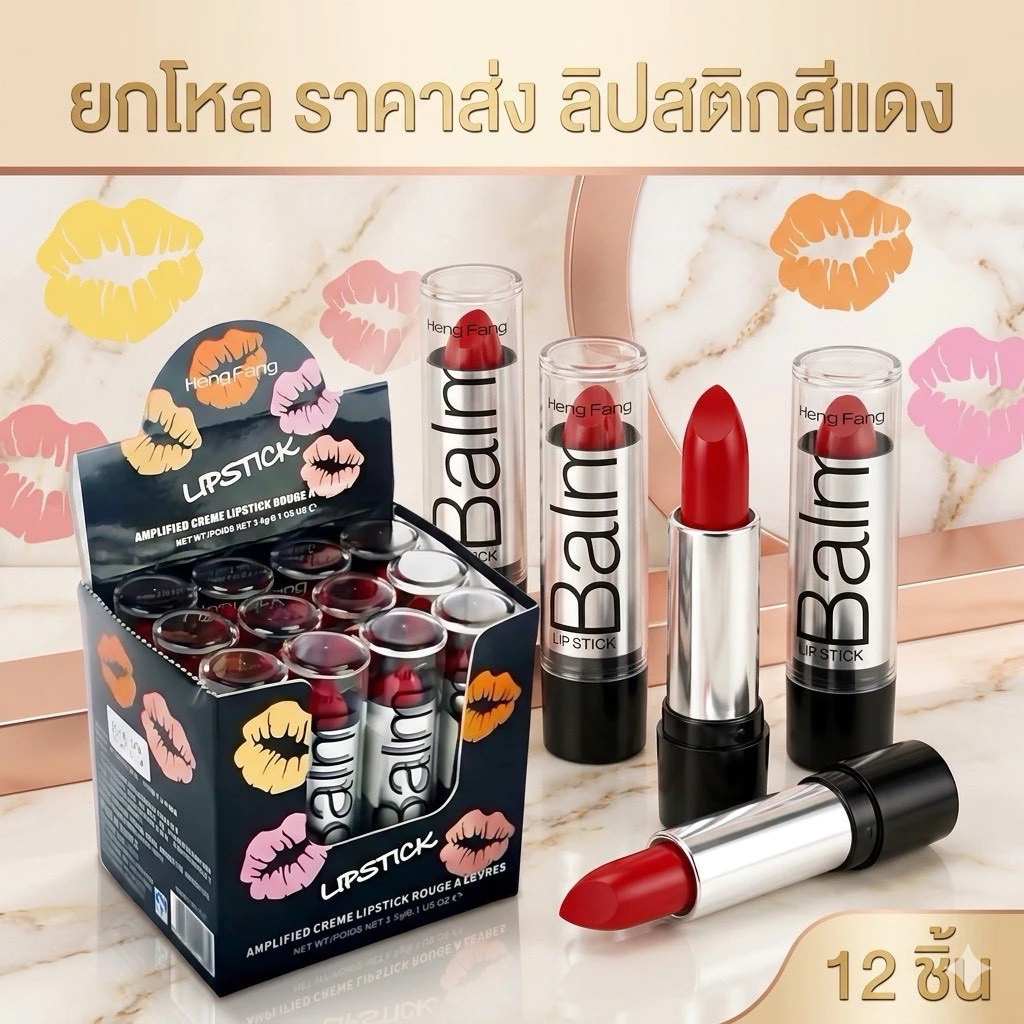 Hengfang ลิปสติกสีแดง/หลากสีกันน้ํา 12ชิ้น ราคาส่ง ขายยกกล่องเท่านั้น
