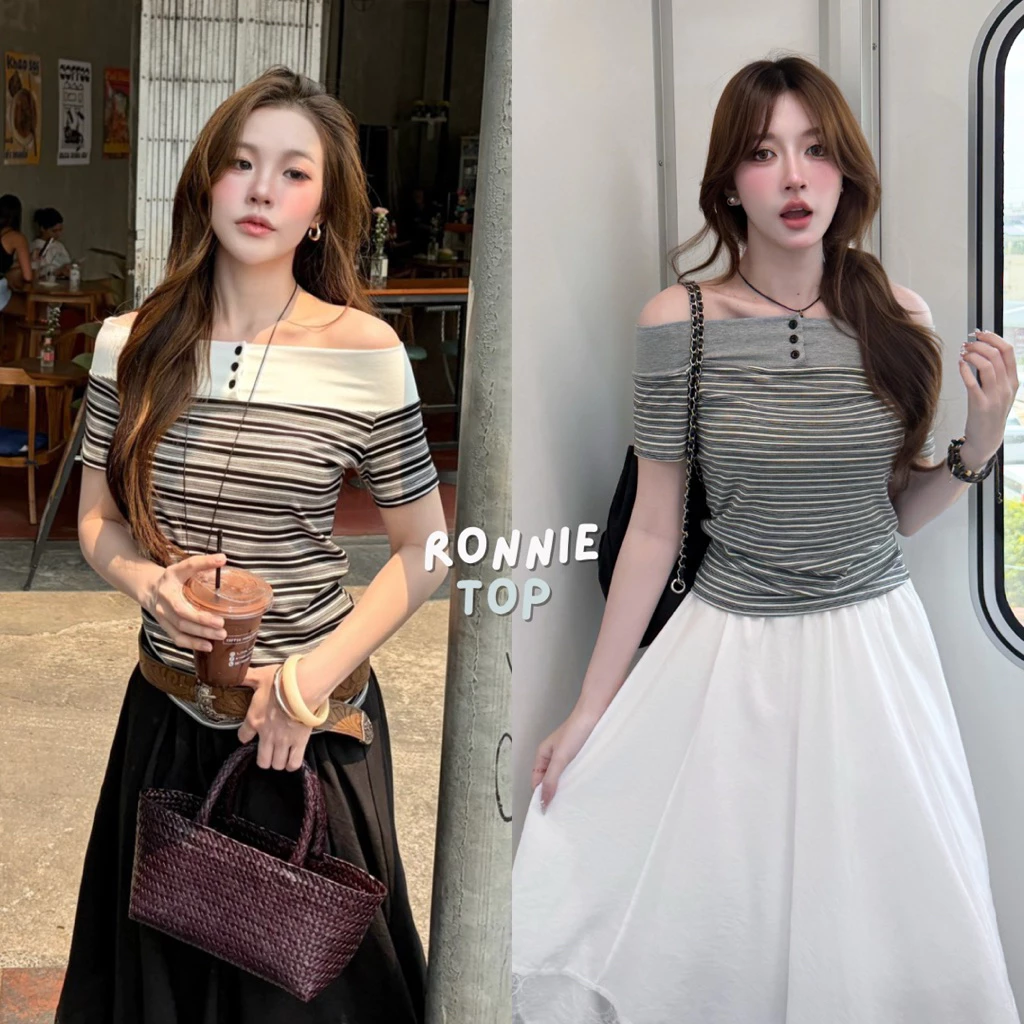 WENDY — Ronnie Off-shoulder top ₊˚⊹ ᰔ เสื้อปาดไหล่ลายทาง