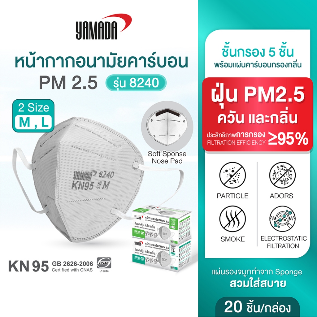 หน้ากาก KN95 ป้องกัน PM2.5 ควัน และมลพิษ หายใจสะดวก รุ่น 8240 (20ชิ้น/กล่อง) Yamada