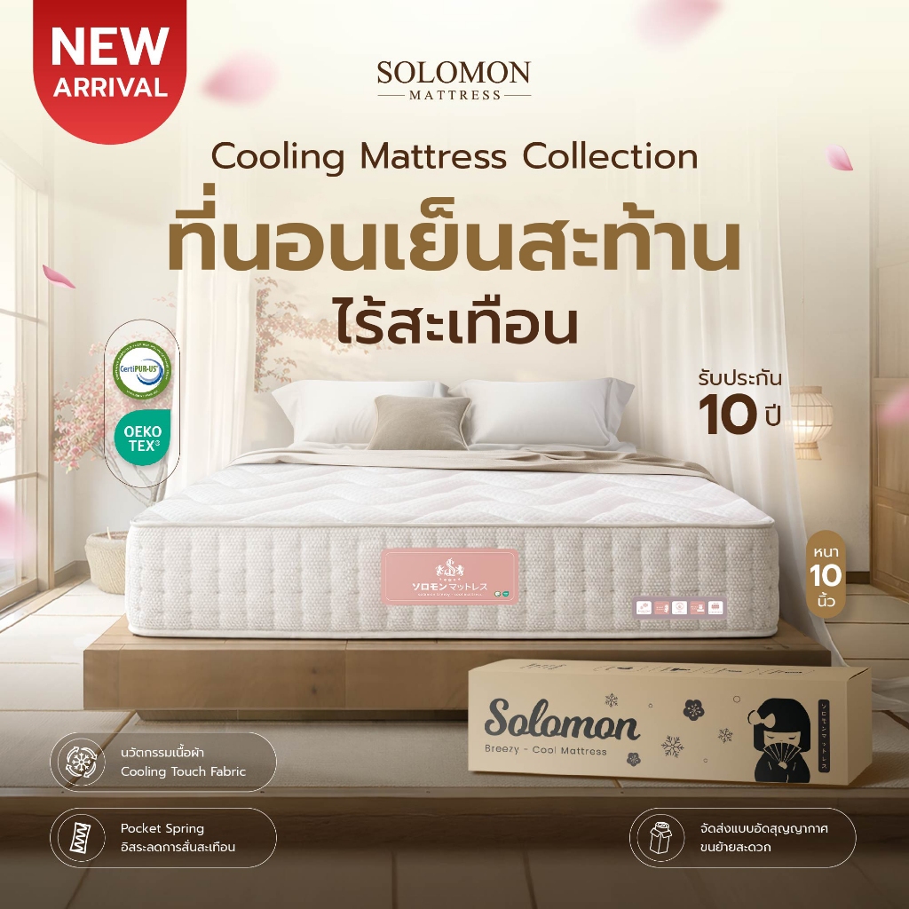 SOLOMON ที่นอนเย็นสะท้าน ไร้สะเทือน ที่นอนพ็อกเก็ตสปริง ความหนา 10 นิ้ว จัดส่งแบบสุญญากาศ