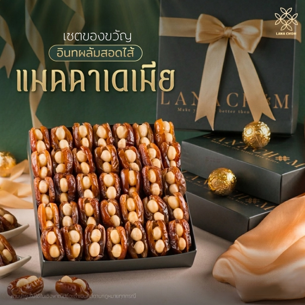 อินทผลัมเดกเลทนัวร์ สอดไส้แมคคาเดเมีย ขนาด 800g [LANA CHOM]
