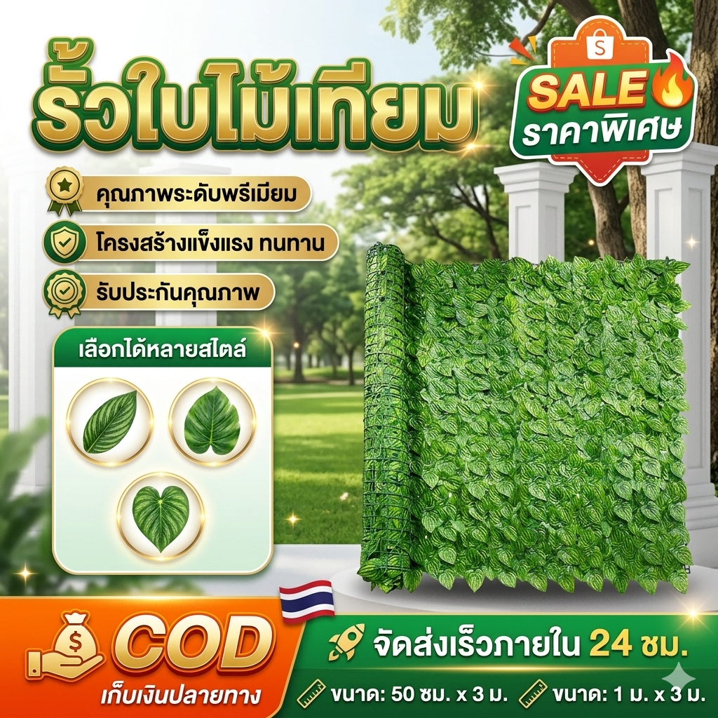 【ชุดใหญ่】รั้วใบไม้ประดิษฐ์ ติดผนัง ใบไม้เทียม  1x3 ม. ทนแดดทนฝน ถอดได้ ✨ประกอบฟรี สำหรับแต่งบ้าน แต่งสวน (มีขนาด 0.5x3 ม