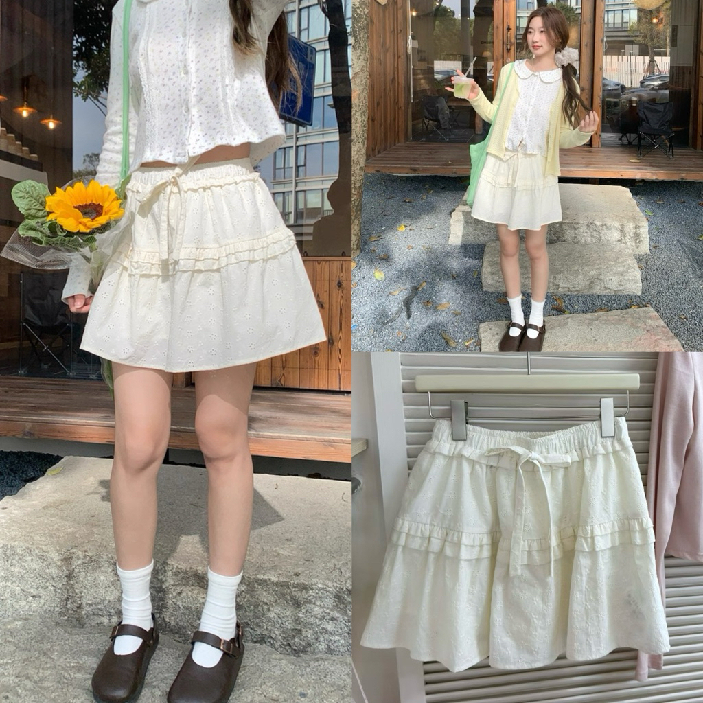 Somedays | 🇰🇷Baby Skirt กระโปรงฉลุลูกไม้คุณหนูวอนยองมากกก สีครีมเหลืองอ่อนละมุนๆ