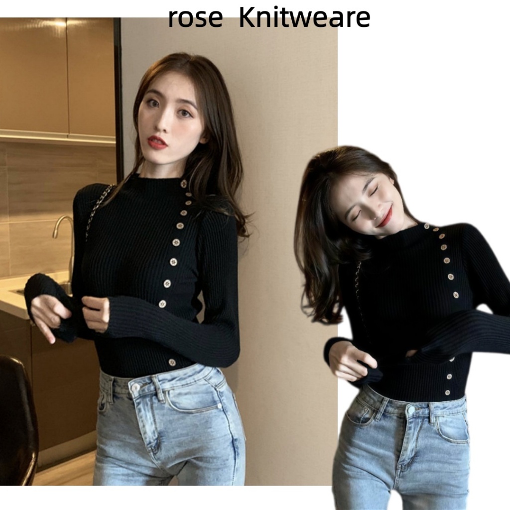 🌟rosecloud🌟เสื้อไหมพรมคอเต่าสำหรับผู้หญิง ทรงเข้ารูป ติดกระดุม เสื้อตัวใน เสื้อแขนยาวอเนกประสงค์1038