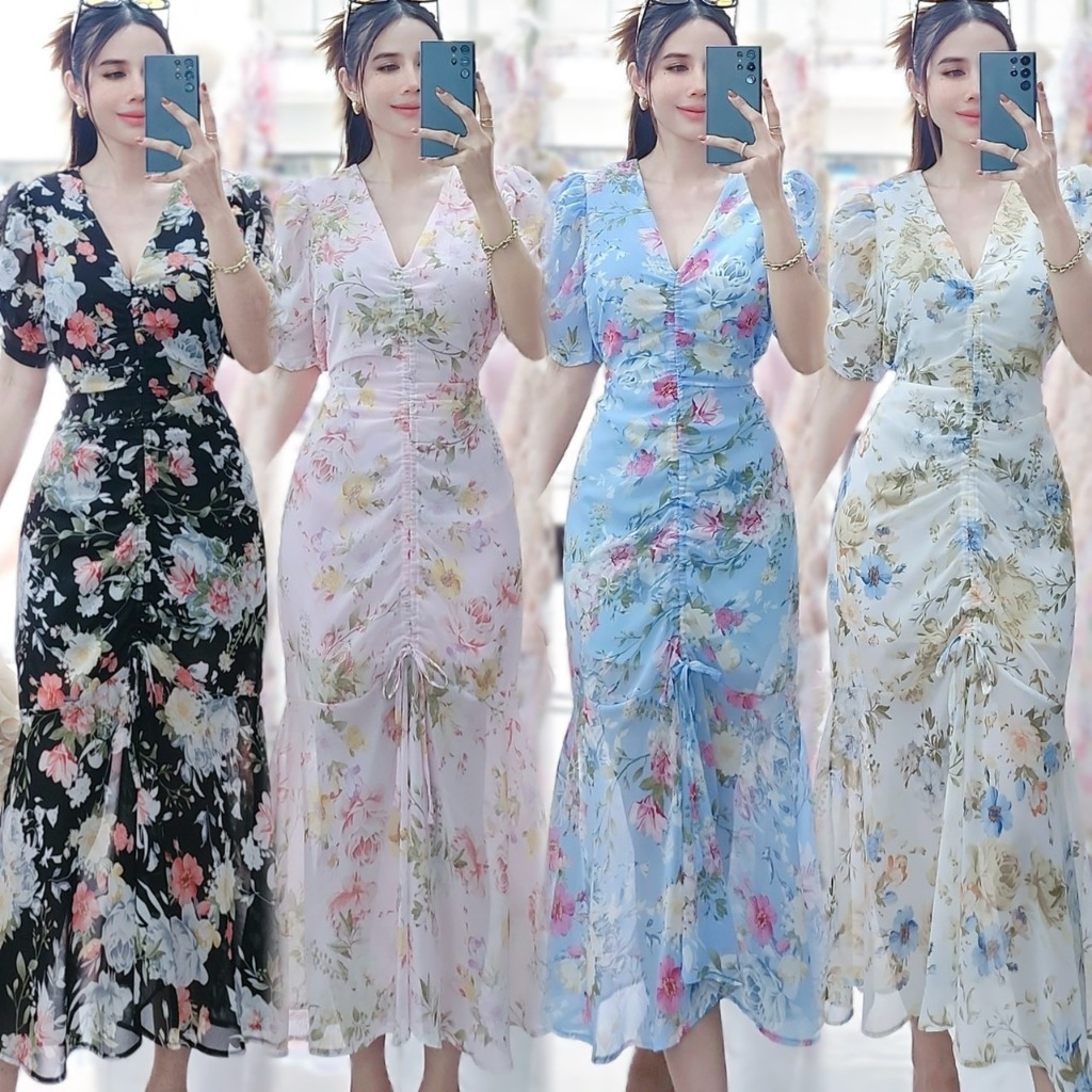 #289# เดรสยาว รูดหน้า ผ้า Chiffon & Italian silkใส่แล้วหุ่นดีม๊ากก