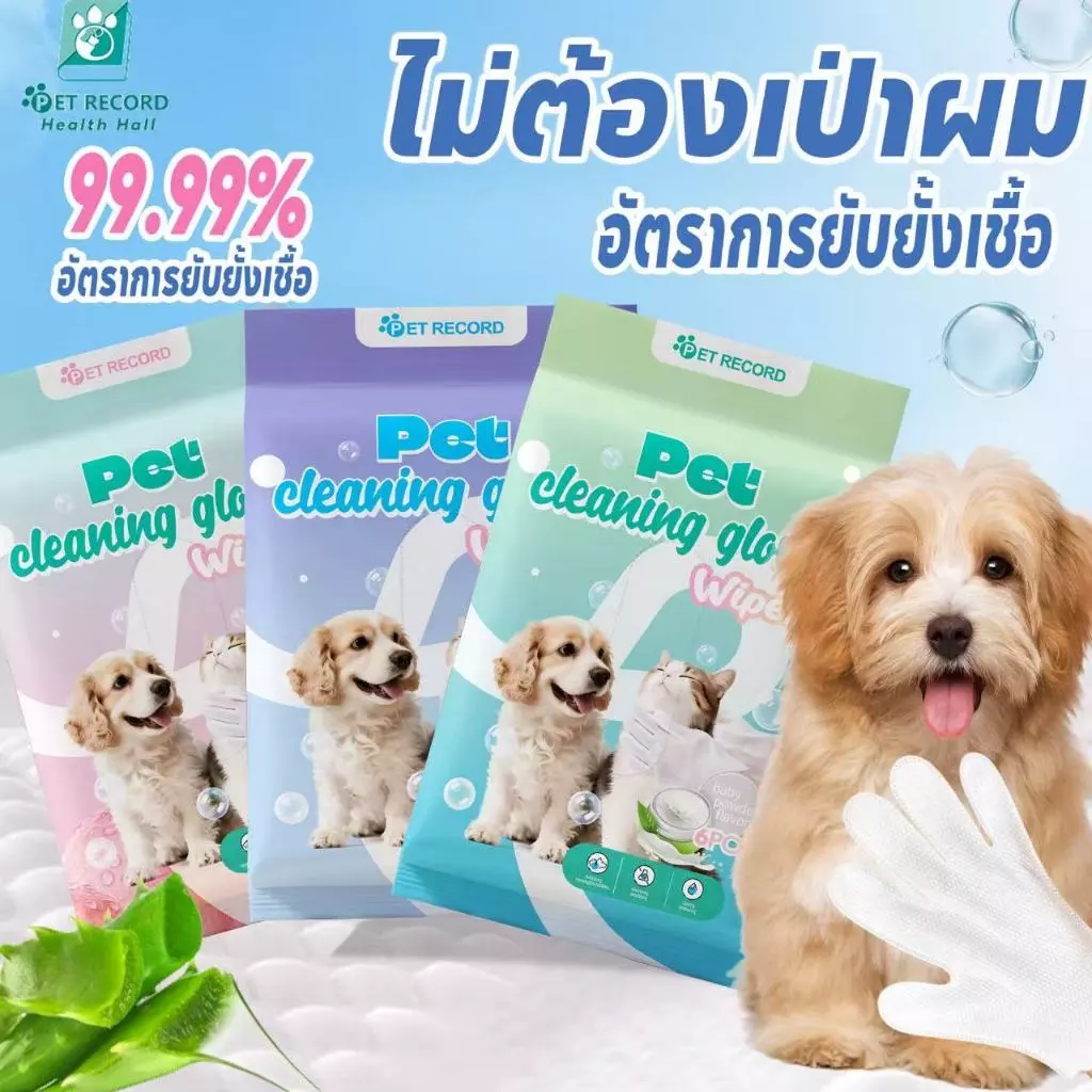 Pet-Record ถุงมือเช็ดตัวแมวสุนัข อาบน้ำสัตว์เลี้ยง ไม่ระคายเคืองผิว ลดกลิ่น ใช้ง่าย สะดวกทันที