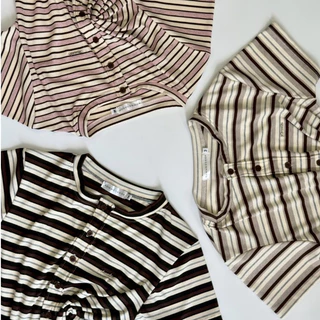 GINA TOP เสื้อยืดแขนสั้นลายทางกระดุมหน้า เย็บแต่งงานอะไหล่ (Size M,L) ผ้าร่องนิ่มยืดได้เยอะใส่สบาย AOMMKOSHOP-118