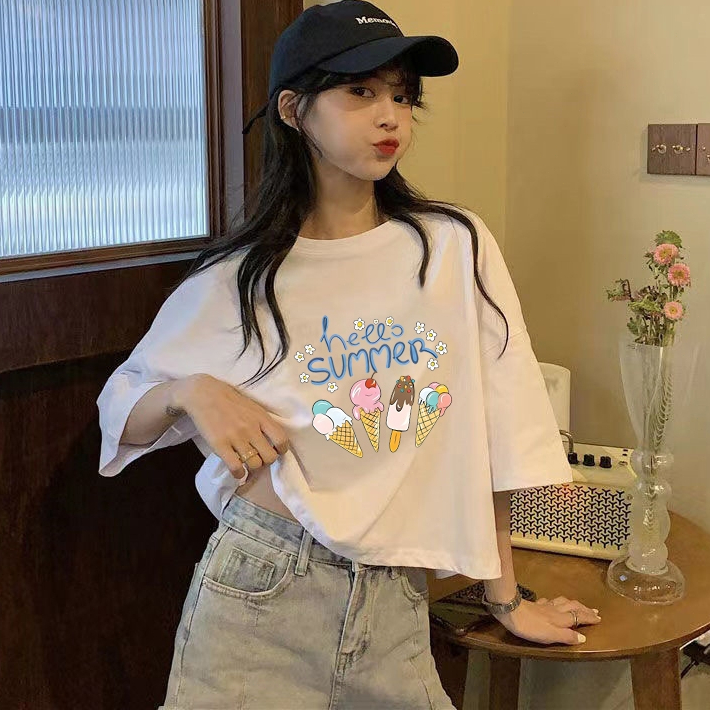 เสื้อครอปแขนสั้นเอวลอย oversize  เสื้อผ้าวัยรุ่นน่ารัก เสื้อยืดผู้หญิงแฟชั่นสาวอวบไซส์ใหญ่ ทรงหลวมสไตล์เกาหลี ผ้าใส่สบาย