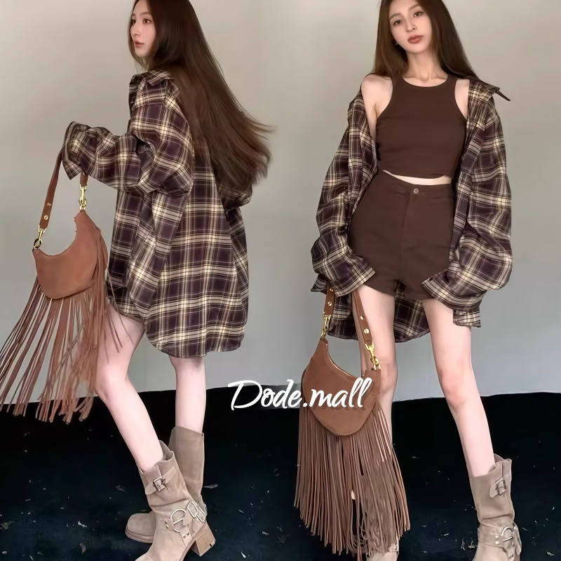 Dode.mall W457#เสื้อเชิ้ตแขนยาวลายตารางสไตล์เกาหลีตัวนี้มีดีไซน์เรียบง่าย สวมใส่สบาย และทรงหลวม