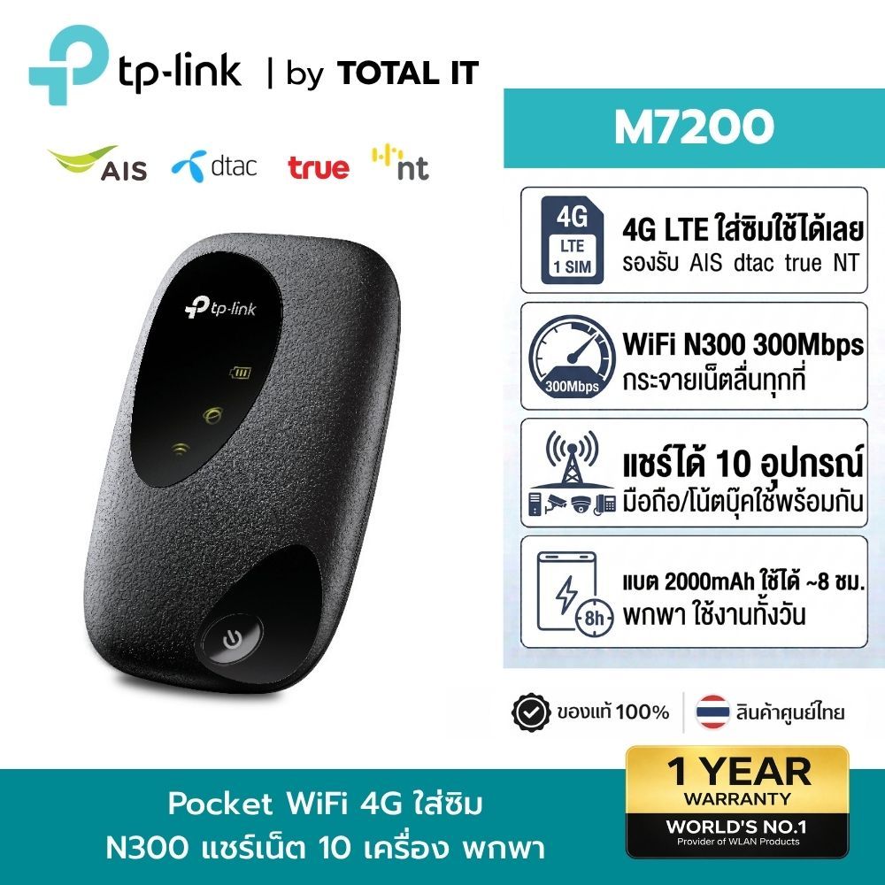 TP-Link M7200 ไวไฟพกพา Pocket Wi-Fi 4G LTE ใส่ซิมได้ทุกค่าย แชร์เน็ต 10 เครื่อง แบต 8 ชม. ประกันศูนย์