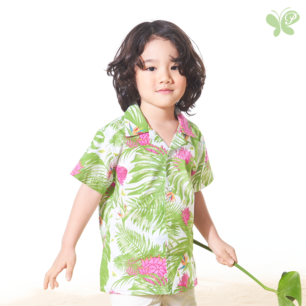 เสื้อเชิ้ตเด็กชาย [Papillon] Boy Poplin Summer Shirt ทรงฮาวายแบบหลวม ผ้า Cotton 100% ทอบางเนื้อนุ่ม พิมพ์ลายดอกดาหลา