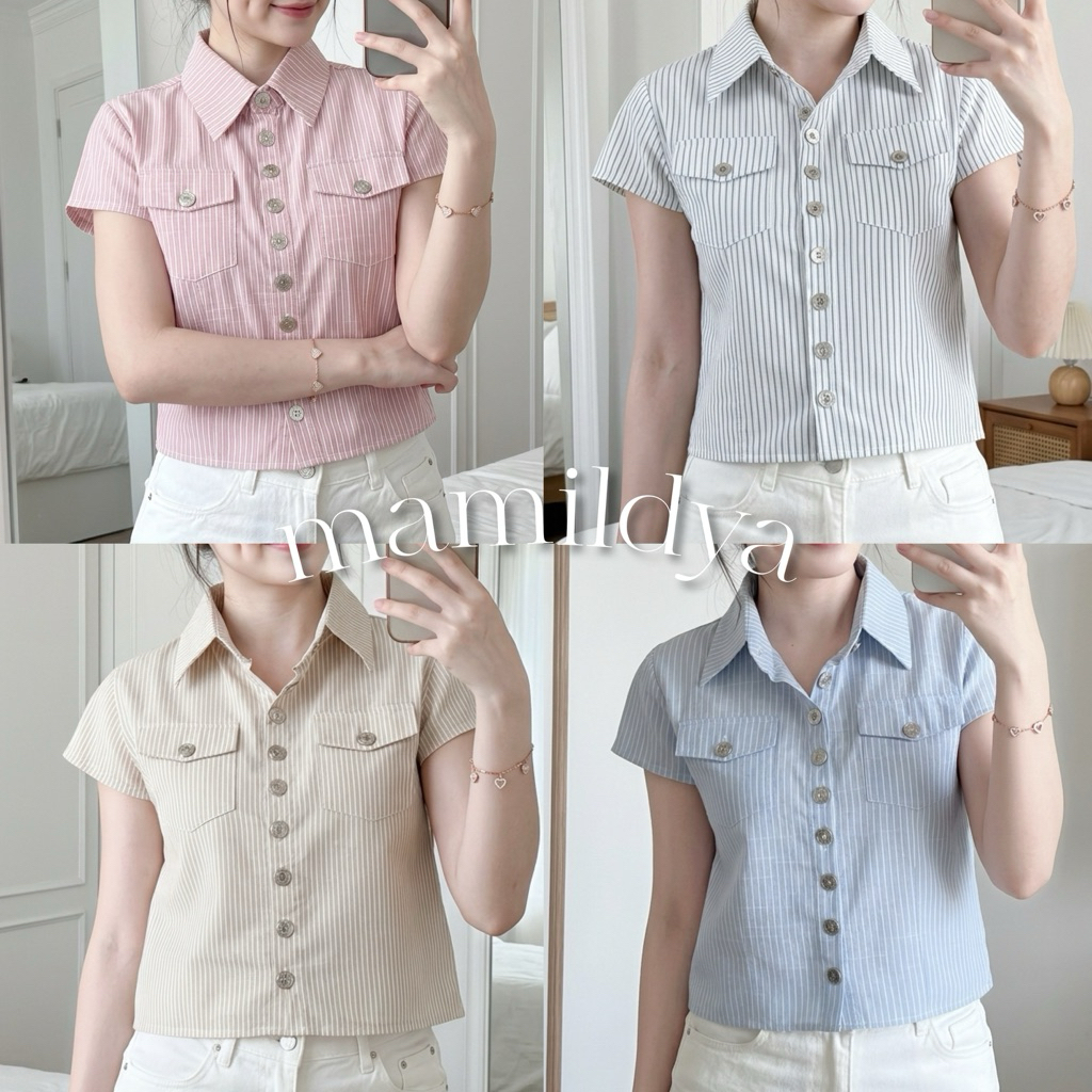 🌟Mamildya.shop🌟 เสื้อเชิ้ตครอปแขนสั้นผ้าคอตตอนสีพื้น ชายระบาย/ F2-2/COOK-ดุมดาว⚫