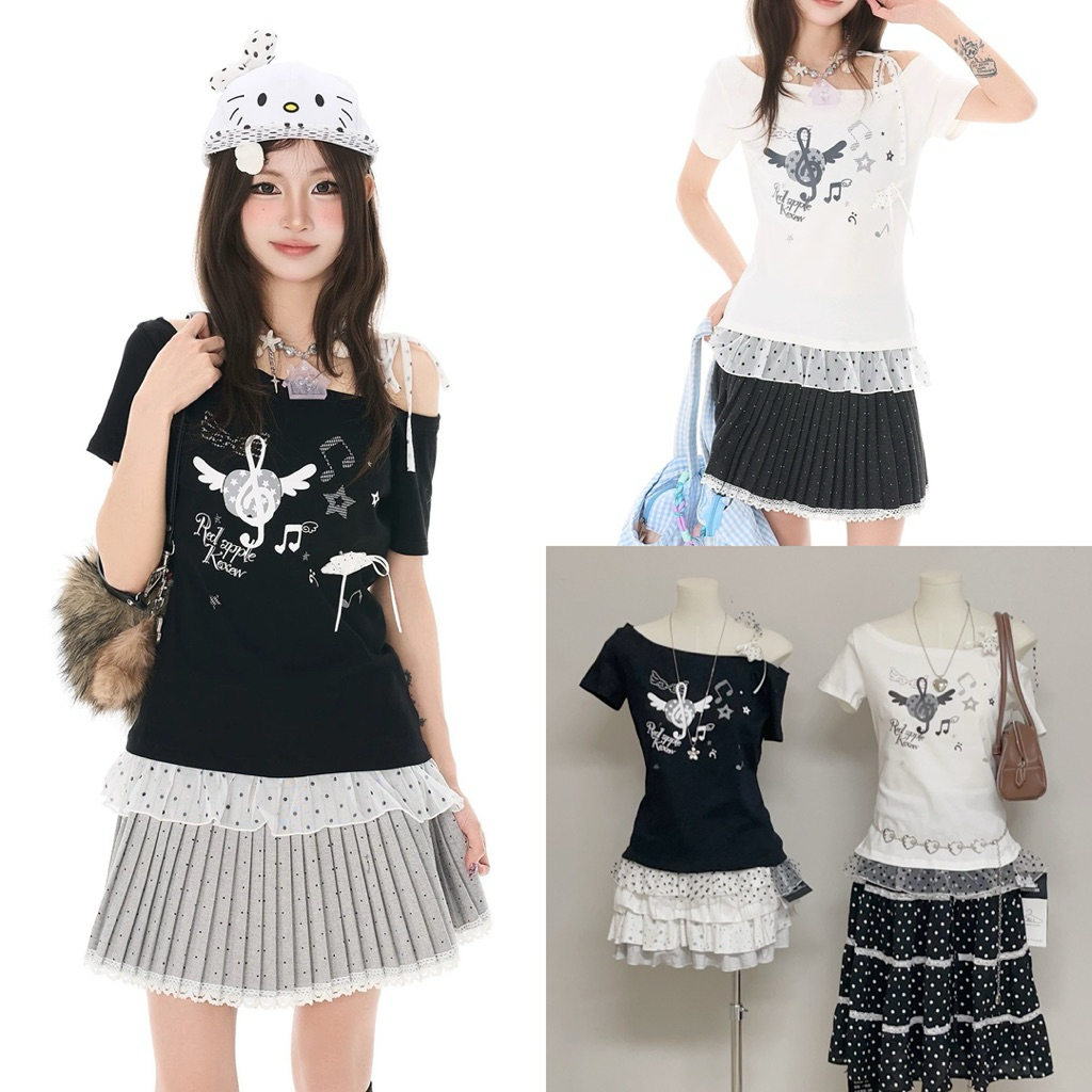 เสื้อยืดปาดไหล่เดียวผูกไหล่+ เข็มกลัดดาว