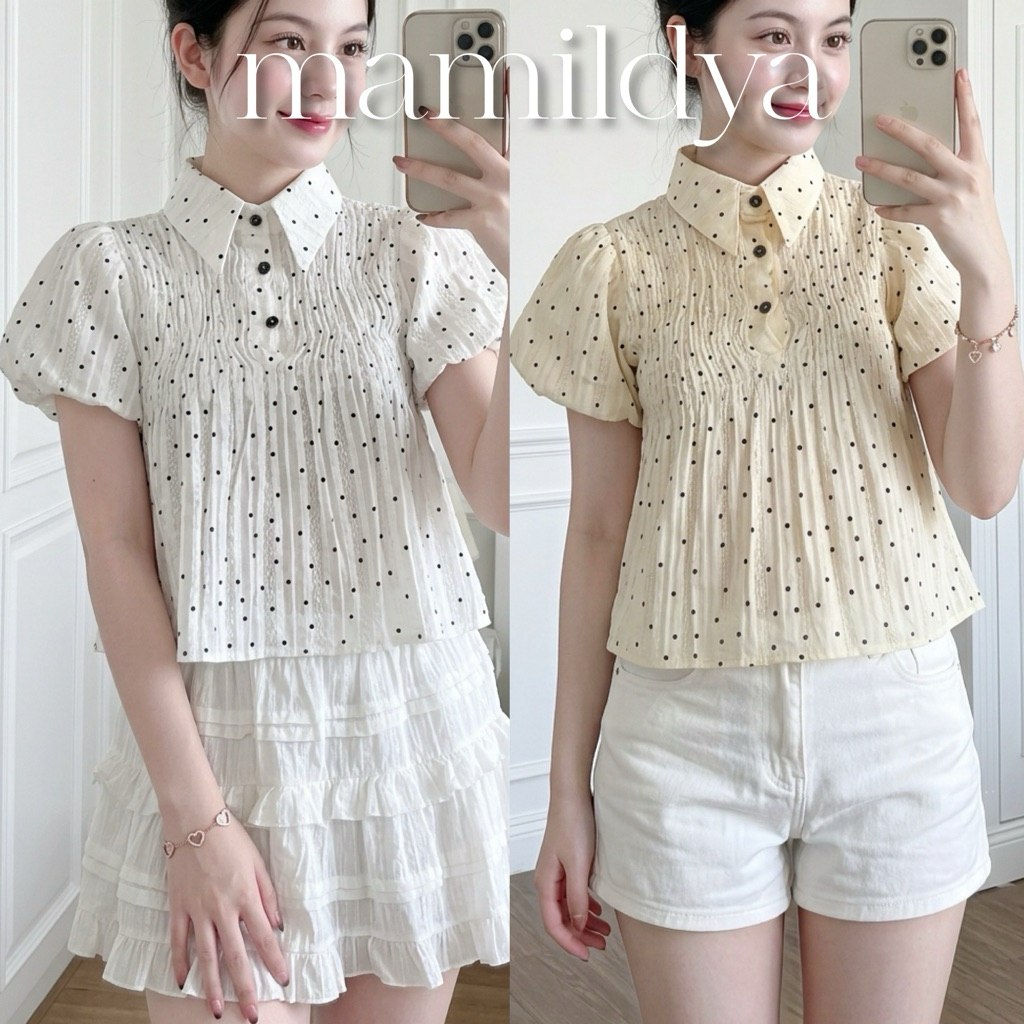 🌟Mamildya.shop🌟 เสื้อแขนพองบอลลูนมีซับใน ผ้าคอตตอนฉลุpolka dot/ E1-4/COOK-ดอมดุมดำ⚫