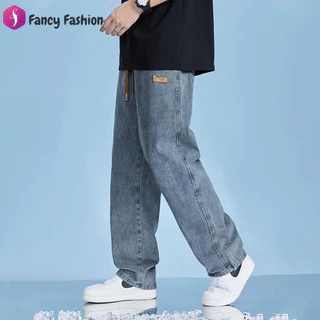 Fancy Fashion กางเกงยีนส์ยาวชาย ทรงกระบอกเอวสูง ใส่สบาย เอวยางยืด ปรับเอวด้วยเชือก เท่ๆเข้ากับทุกแนว