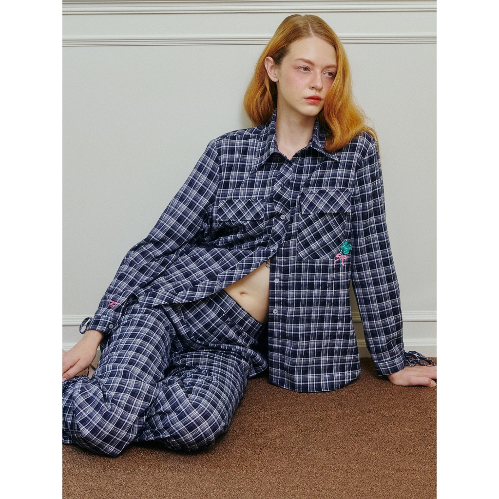 JELLYPLEASE (Dreamy Disc) - KIRA shirt | navy plaid with ribbon cuffs