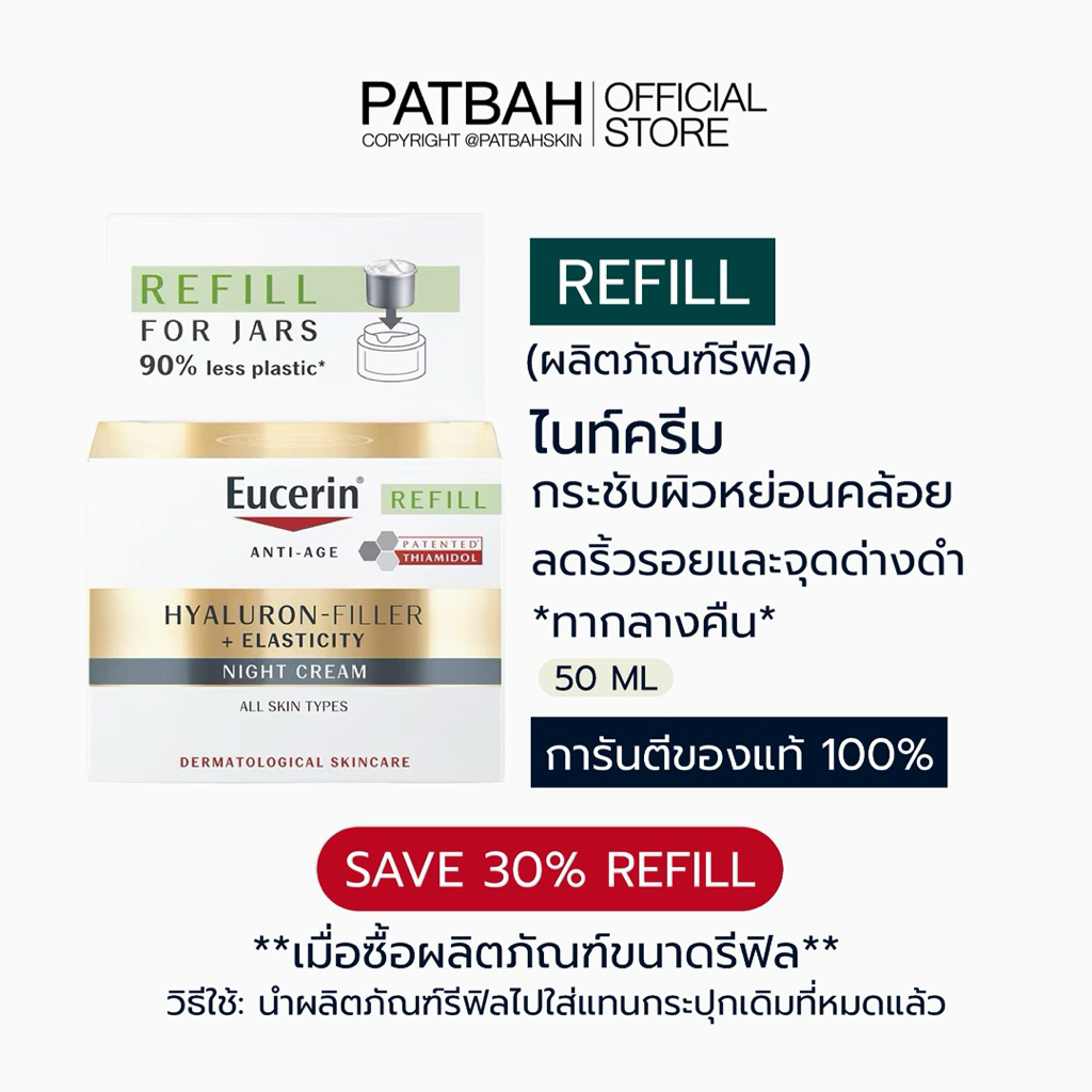 Eucerin SAVE 30% (REFILL กระปุกรีฟิล) HYALURON-FILLER+ELASTICITY NIGHT CREAM ครีมบำรุงสูตรกลางคืน สูตรสีทอง(รีฟิล)