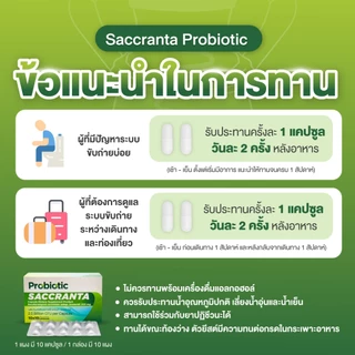 [1 กล่อง] Saccranta โพรไบโอติก จุลินทรีย์ดีเพื่อลำไส้ที่สมดุล ท้องเสียระหว่างเดินทาง 1 กล่อง 10 แผง