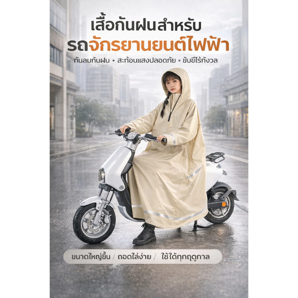 เสื้อกันฝนมีฮู้ด แบบยาว พร้อมแถบสะท้อนแสง สำหรับขี่มอเตอร์ไซค์ thumbnail 3