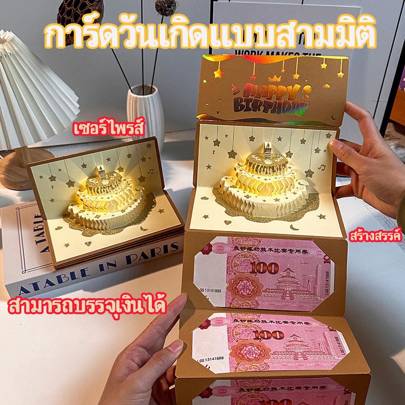 การ์ดวันเกิด 3D ป๊อปอัพ กล่องระเบิด เค้กวันเกิด ใส่เงินได้ มีไฟ LED มีเพลง สร้างสรรค์ ของขวัญวันเกิด