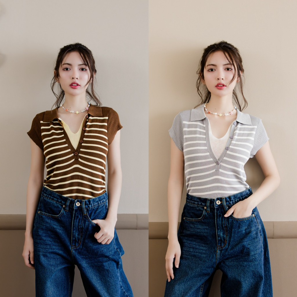 Flower brown : Suvee layer top เสื้อไหมพรมเลเยอร์ลายทาง