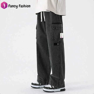 Fancy Fashion กางเกงทํางานทรงตรงผู้ชายหลวมสีทึบกางเกงลําลองกันลม